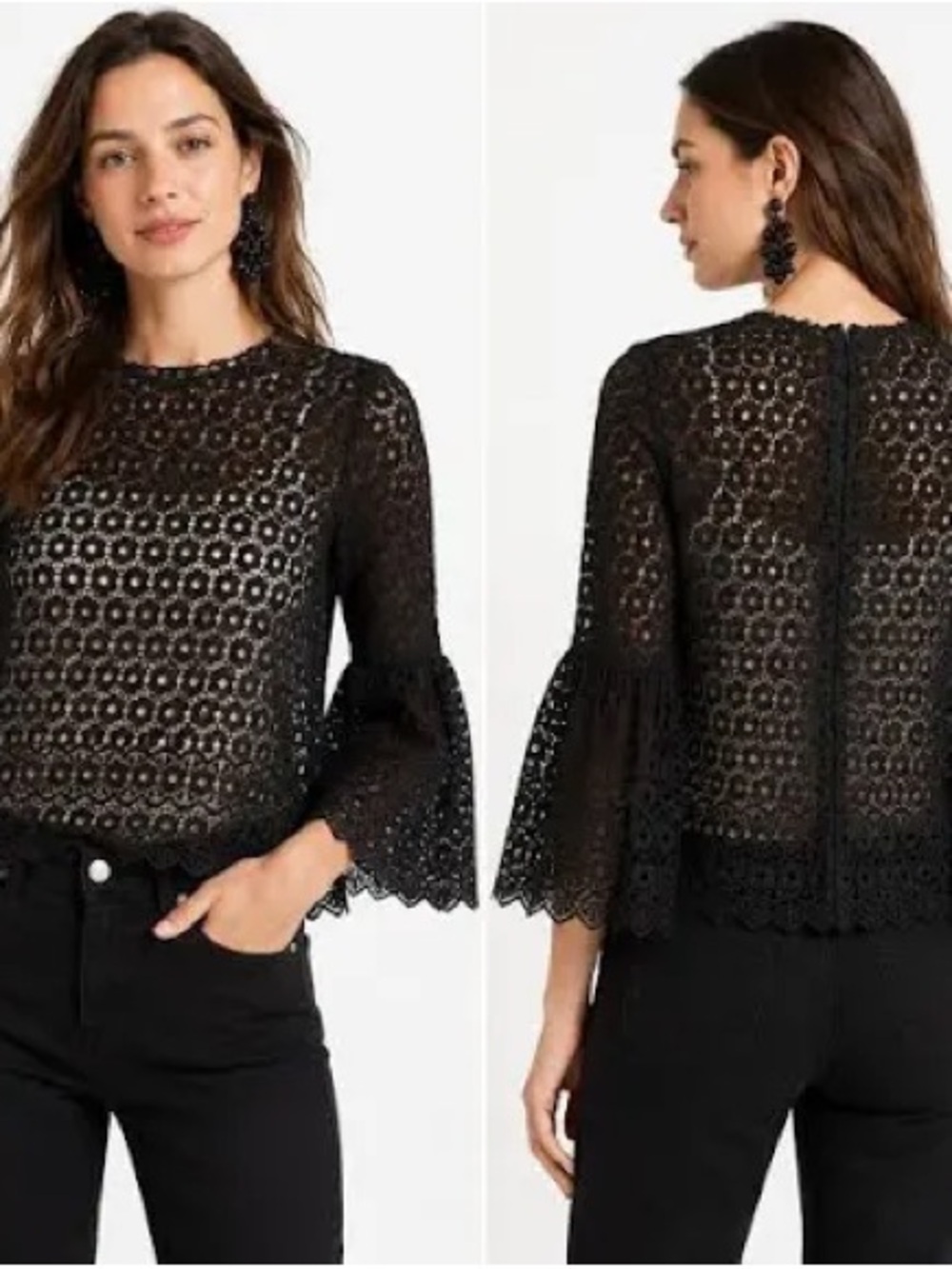 J. Crew Black Lace Bell-Sleeve Top